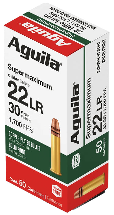 Aguila 1B220298 Supermaximum  22 LR 30 gr Copper-Plated Solid Point 50 Per Box/20 Cs