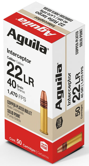 Aguila 1B220320 Interceptor  22 LR 40 gr Copper-Plated Solid Point 50 Per Box/20 Cs