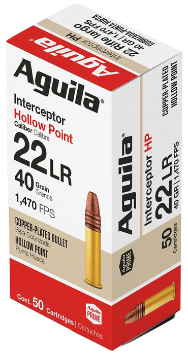 Aguila 1B220321 Interceptor  22 LR 40 gr Copper Plated Hollow Point (CPHP) 50 Per Box/20 Cs