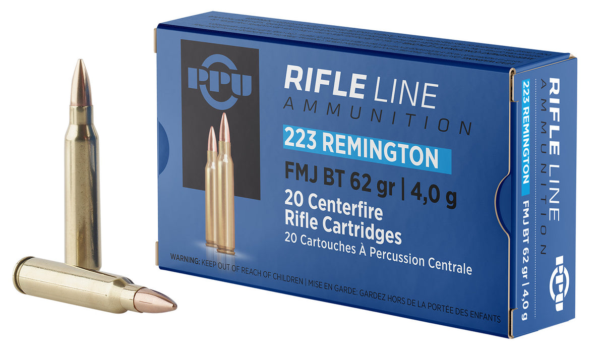 PPU PP223F2 Standard Rifle  223Rem 62gr Full Metal Jacket Boat Tail 20 Per Box/50 Case