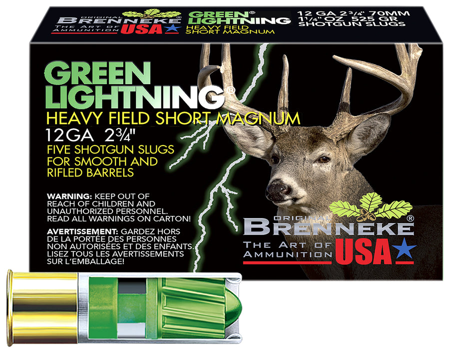 Brenneke SL122HFSGL Green Lightning  12 Gauge 2.75" 1 1/4 oz/546 gr 1476 fps Slug Shot 5 Bx/50 Cs