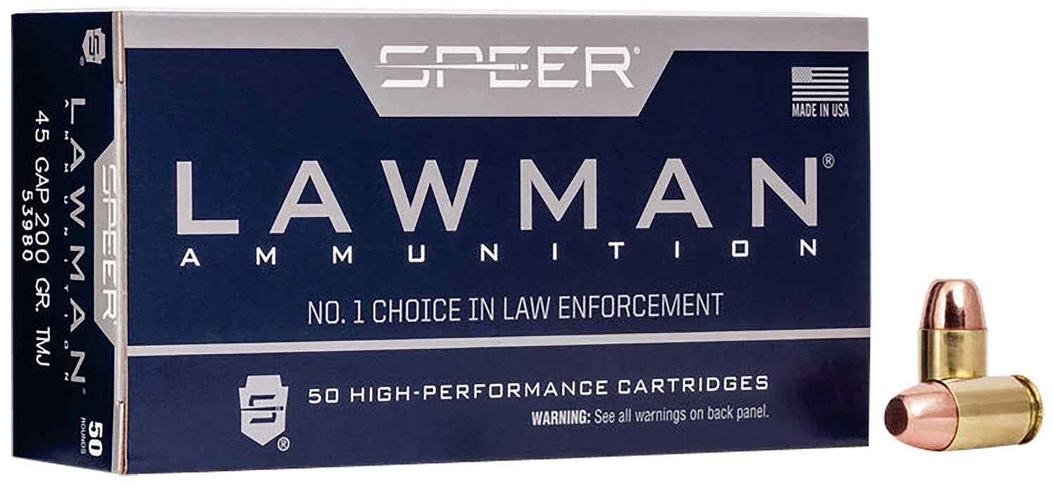 Speer 53980 Lawman Training 45 GAP 200 gr 990 fps Total Metal Jacket Flat Nose (TMJFN) 50 Bx/20 Cs