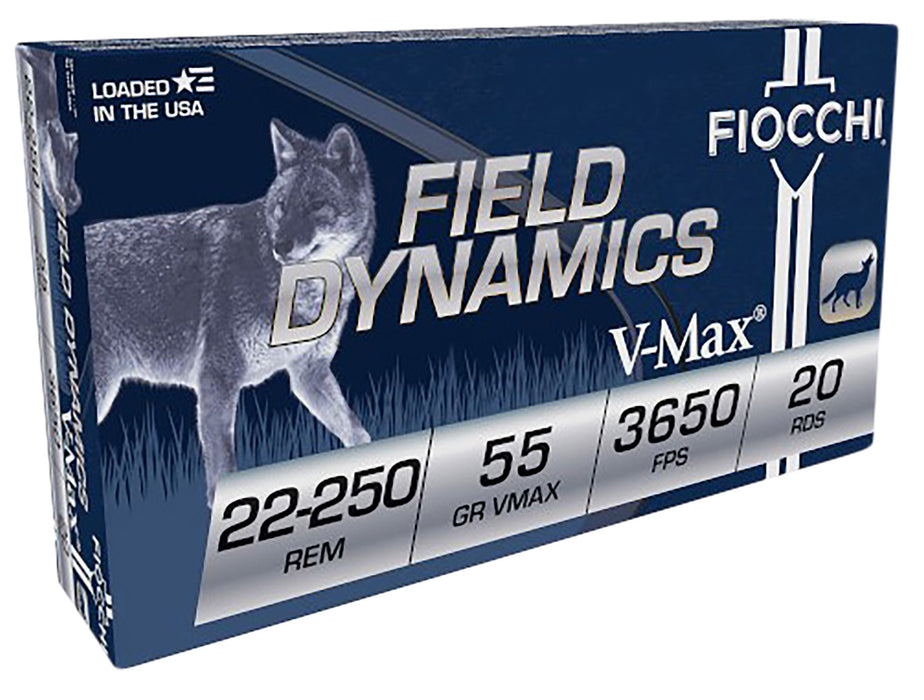Fiocchi 22250HVD Field Dynamics  22-250 Rem 55 gr 3650 fps Hornady V-Max (VMX) 20 Bx/10 Cs