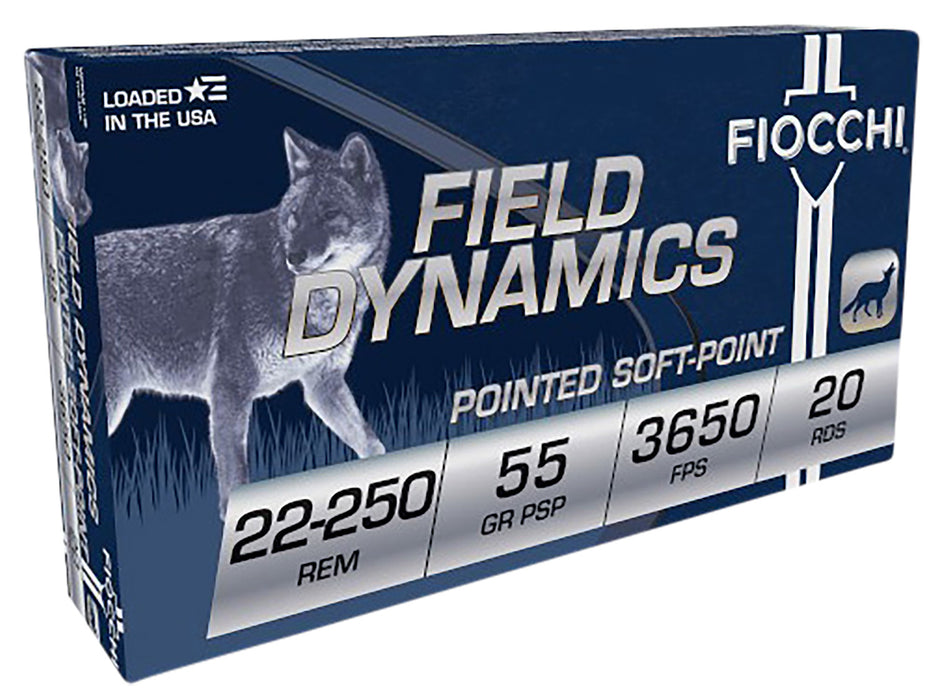 Fiocchi 22250B Field Dynamics  22-250 Rem 55 gr 3650 fps Pointed Soft Point (PSP) 20 Bx/10 Cs
