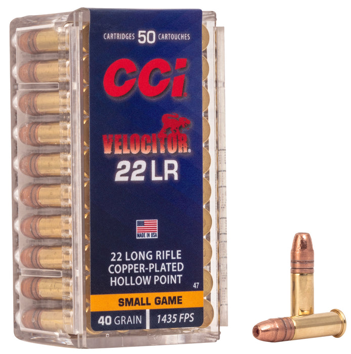 CCI 0047 Velocitor  22 LR 40 gr 1435 fps Copper Plated Hollow Point (CPHP) 50 Bx/100 Cs