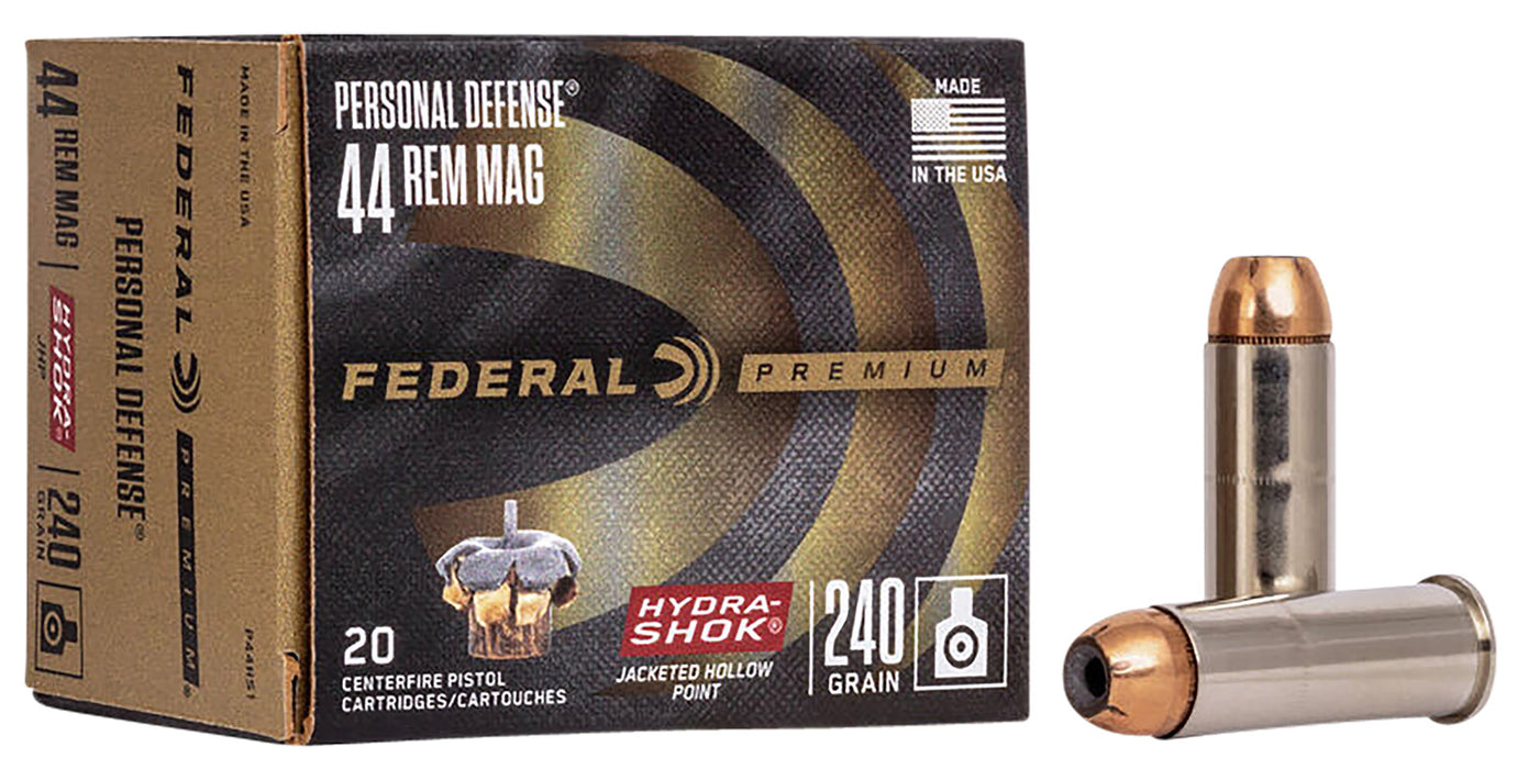 Federal P44HS1 Premium Personal Defense 44 Rem Mag 240 gr Hydra-Shok Jacketed Hollow Point 20 Per Box/25 Cs