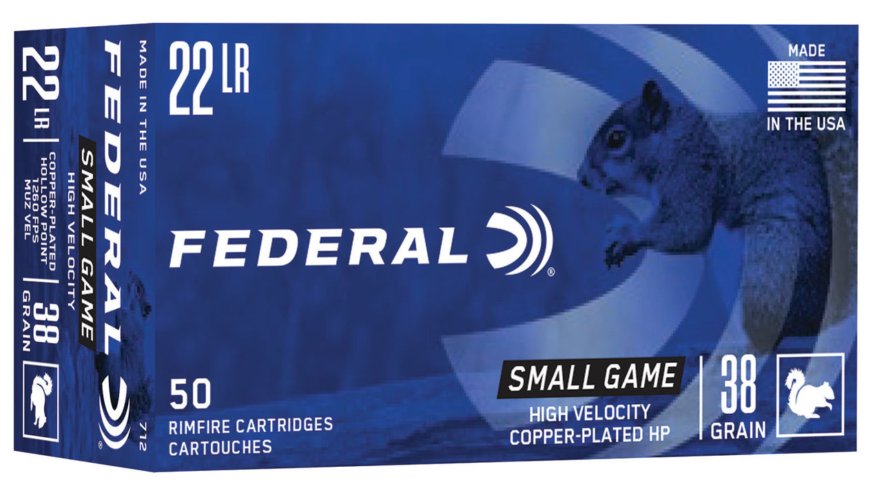 Federal 712 Small Game & Target High Velocity 22 LR 38 gr 1260 fps Copper Plated Hollow Point (CPHP) 50 Bx/100 Cs