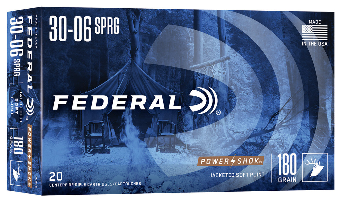 Federal 3006B Power-Shok  30-06 Springfield 180 gr 2700 fps Jacketed Soft Point (JSP) 20 Bx/10 Cs