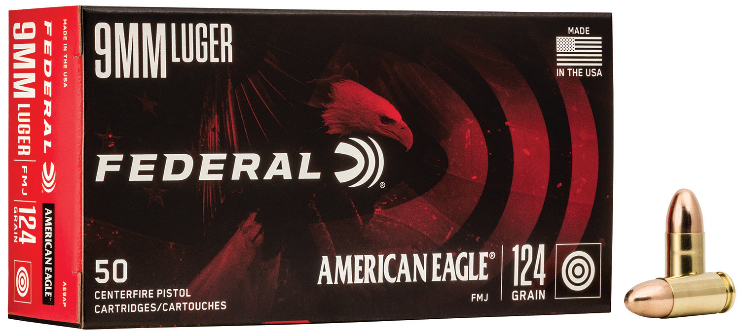 Federal AE9AP American Eagle Handgun 9mm Luger 124 gr Full Metal Jacket 50 Per Box/ 20 Case - 1000 Rnds Case