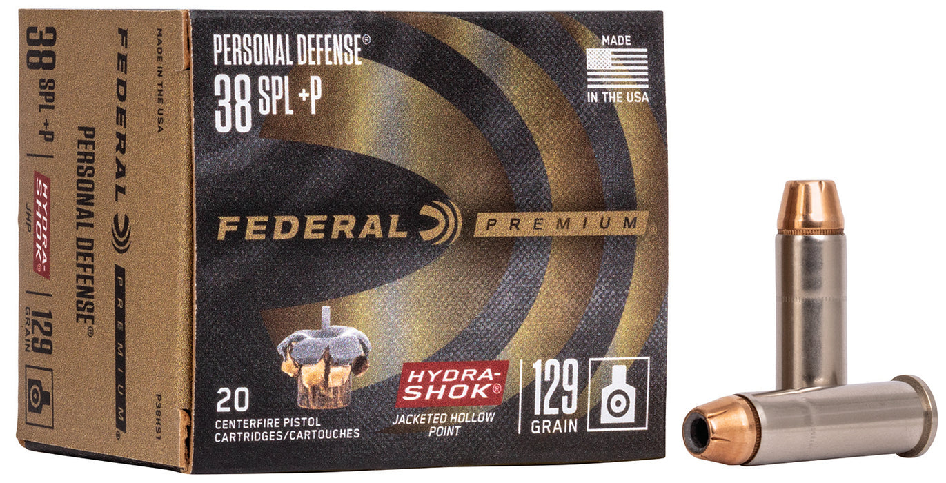 Federal P38HS1 Premium Personal Defense 38 Special +P 129 gr Hydra-Shok Jacketed Hollow Point 20 Bx/ 25 Cs