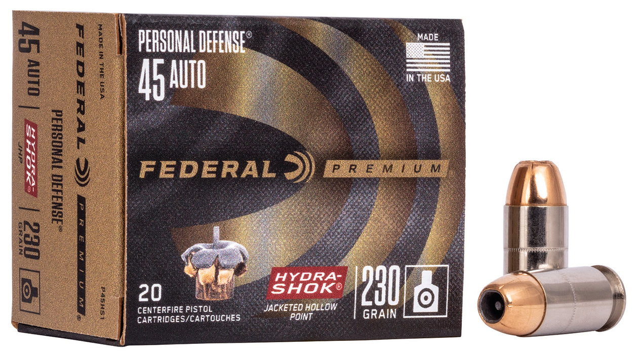 Federal P45HS1 Premium Personal Defense 45 ACP 230 gr Hydra-Shok Jacketed Hollow Point 20 Per Box/25 Cs