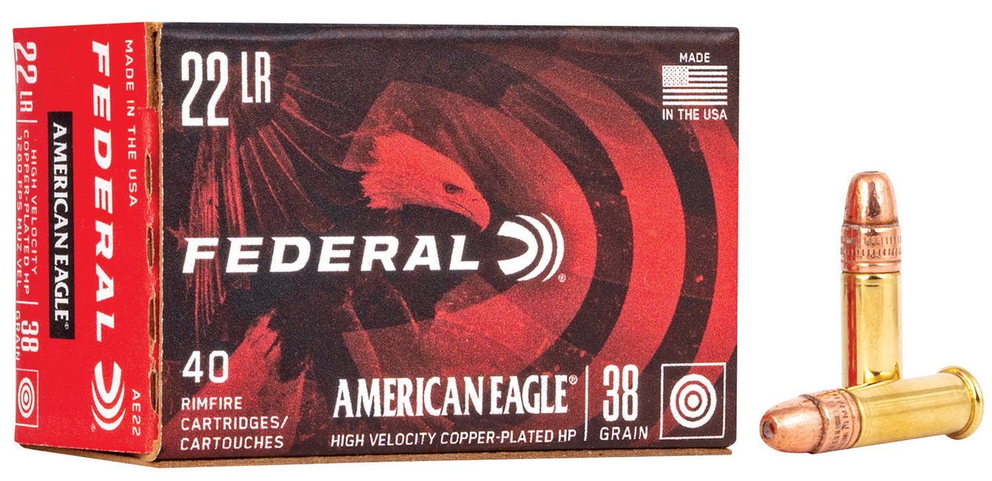 Federal AE22 American Eagle  22 LR 38 gr 1260 fps Jacketed Hollow Point (JHP) 40 Bx/100 Cs