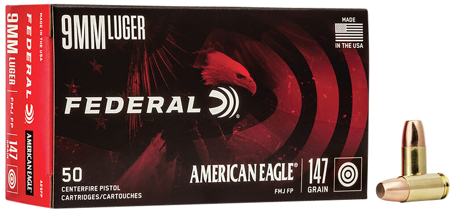 Federal AE9FP American Eagle  9mm Luger 147 gr Full Metal Jacket Flat Point (FMJFP) 50 Per Box/20 Cs