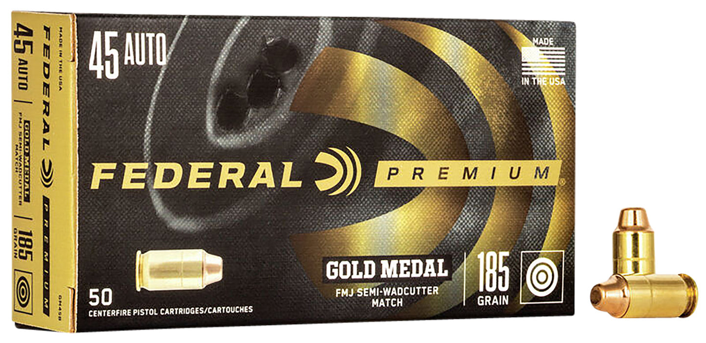 Federal GM45B Premium Gold Medal 45 ACP 185 gr 770 fps Full Metal Jacket Semi-Wadcutter (FMJSW) 50 Bx/20 Cs