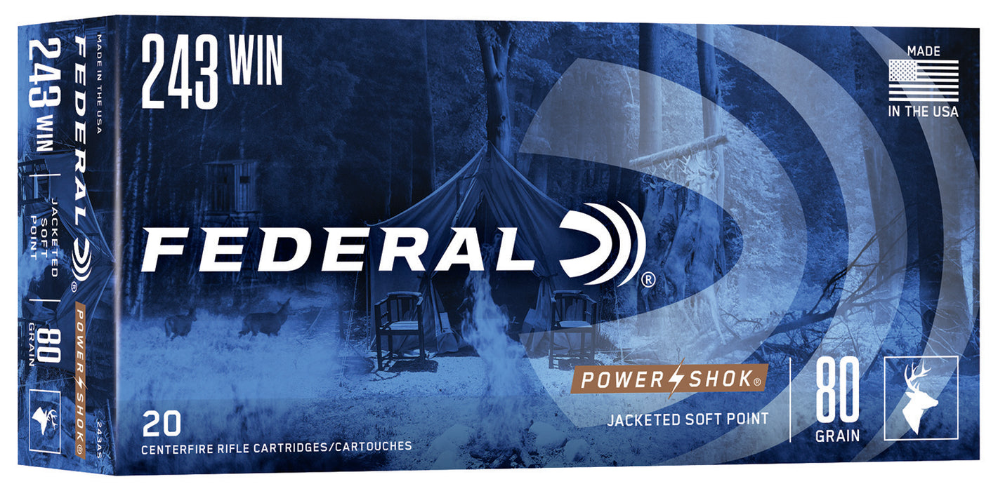 Federal 243AS Power-Shok  243Win 80gr Jacketed Soft Point 20 Per Box/10 Case
