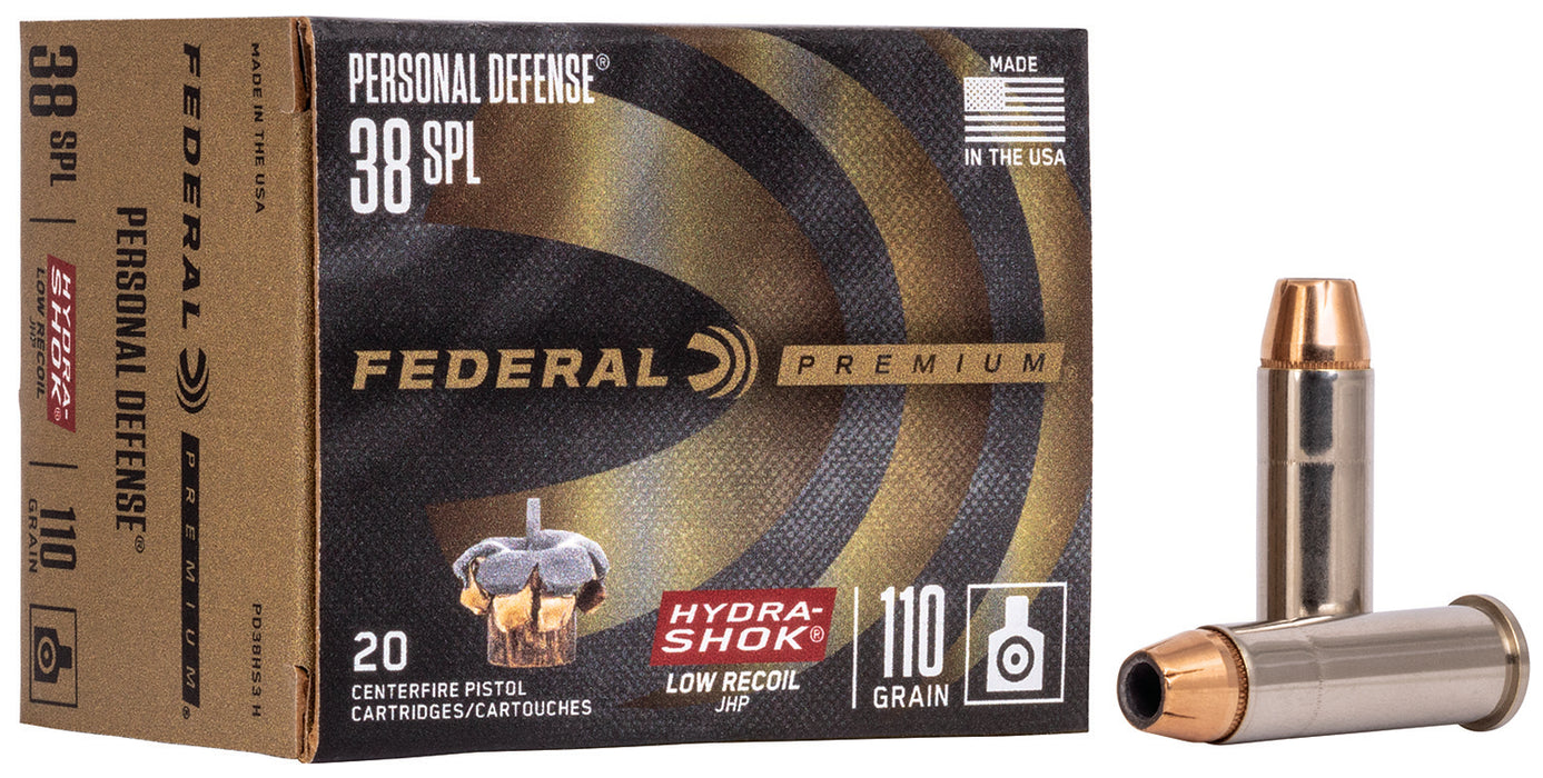 Federal PD38HS3H Premium Personal Defense Low Recoil 38 Special 110 gr Hydra-Shok Jacketed Hollow Point 20 Per Box/10 Cs