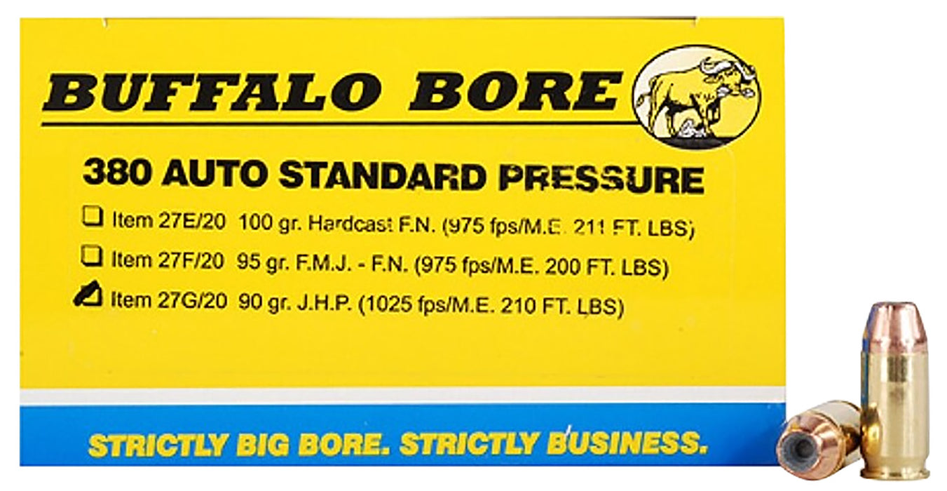 Buffalo Bore Ammunition 27G20 Standard Pressure  380 ACP 90 gr 1025 fps Jacketed Hollow Point (JHP) 20 Bx/12 Cs