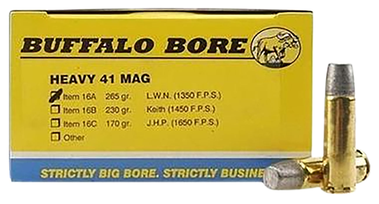 Buffalo Bore Ammunition 16A20 Heavy Outdoorsman 41 Rem Mag 265 gr 1350 fps Hard Cast Lead 20 Bx/12 Cs