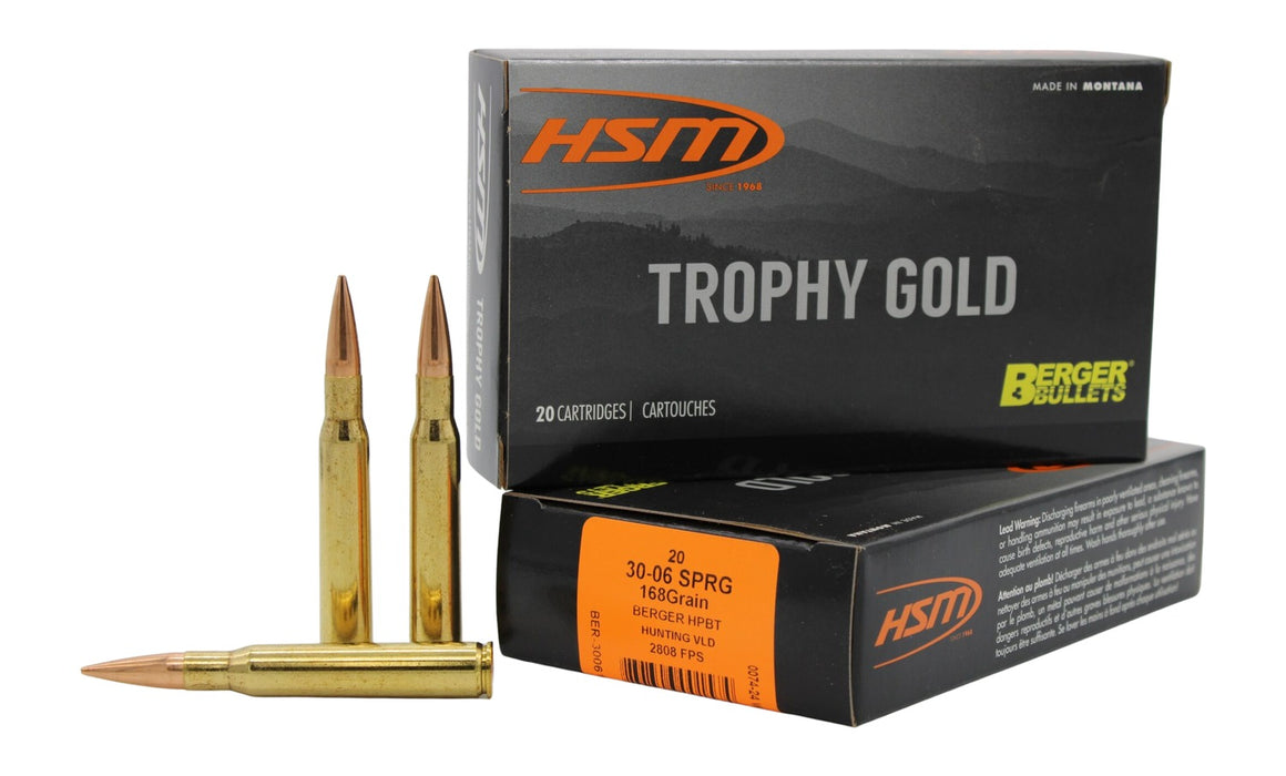 HSM 3006168VLD Trophy Gold Extended Range 30-06 Springfield 168 gr Berger Hunting VLD Match 20 Per Box/ 20 Case