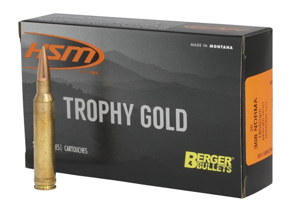 HSM 308NOR185VLD Trophy Gold Extended Range 308 Norma Mag 185 gr Berger Hunting VLD Match 20 Per Box/ 20 Case