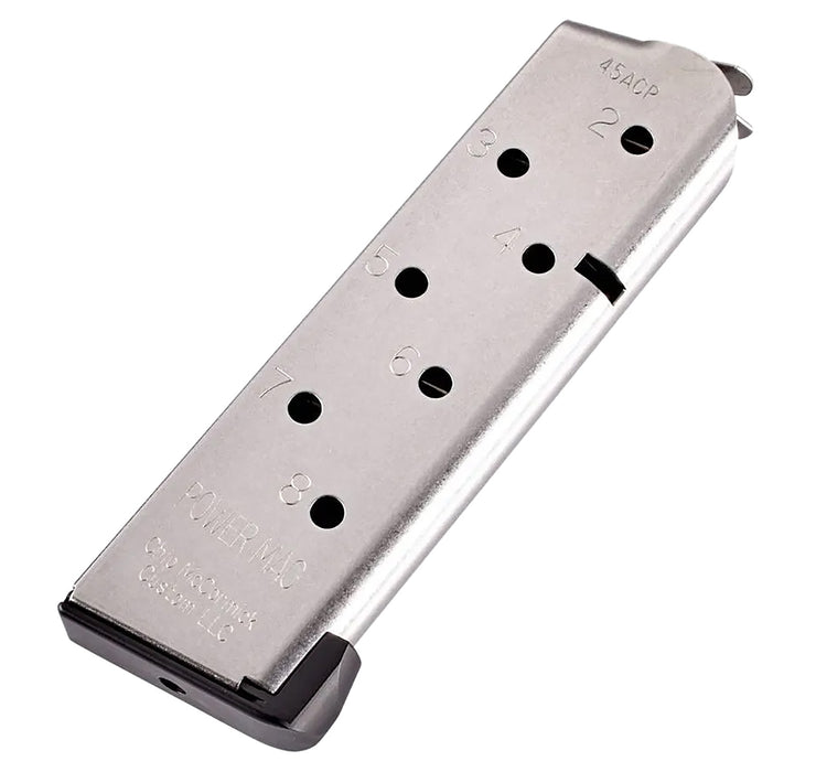 CMC Products 14132 Power Mag  8rd 45 ACP Fits 1911 Officer Stainless Steel w/ Black Base Pad