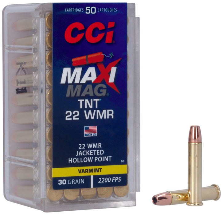 CCI 0063 Maxi-Mag TNT 22 WMR 30 gr TNT Jacketed Hollow Point 50 Per Box/40 Cs