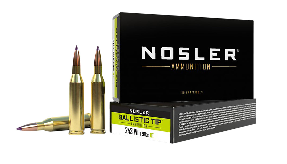 Nosler 40050 Ballistic Tip  243 Win 90 gr 3100 fps Spitzer Ballistic Tip (SBT) 20 Bx/10 Cs