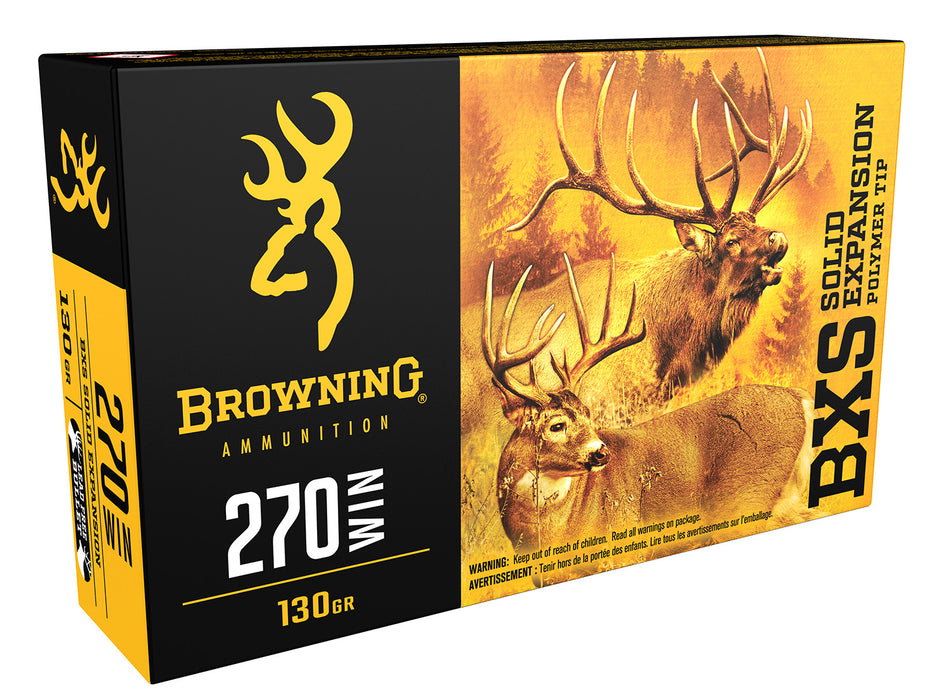 Browning Ammo B192402701 BXS Big Game & Deer 270 Win 130 gr 3100 fps Lead Free Solid Expansion Polymer Tip 20 Bx/10 Cs