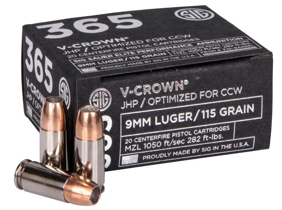 Sig Sauer E9MMA136520 Elite Defense 365 9mm Luger 115 gr V-Crown Jacketed Hollow Point (VJHP) 20 Per Box/10 Cs