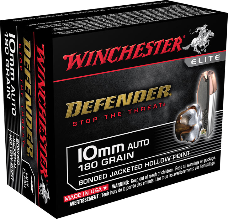 Winchester Ammo S10MMPDB Defender  10mm Auto 180 gr Bonded Jacket Hollow Point 20 Per Box/10 Cs