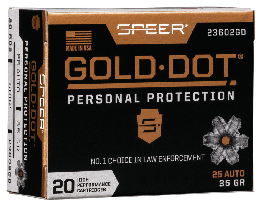 Speer 23602GD Gold Dot Personal Protection 25 ACP 35 gr 900 fps Hollow Point (HP) 20 Bx/10 Cs