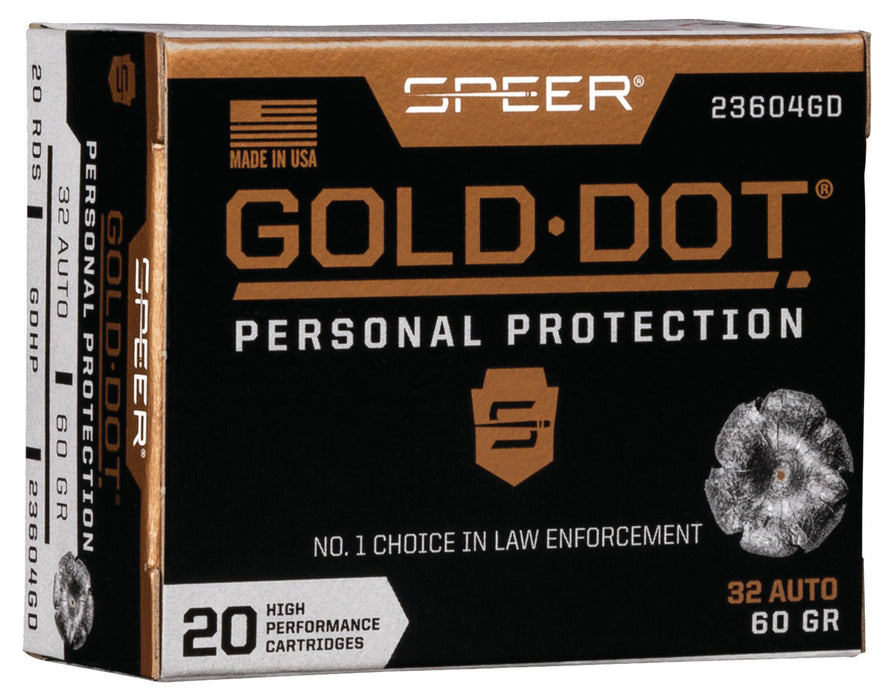 Speer 23604GD Gold Dot Personal Protection 32 ACP 60 gr 960 fps Hollow Point (HP) 20 Bx/10 Cs