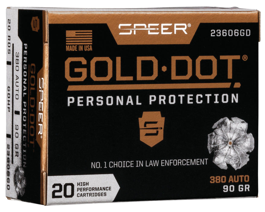 Speer 23606GD Gold Dot Personal Protection 380 ACP 90 gr 1040 fps Hollow Point (HP) 20 Bx/10 Cs