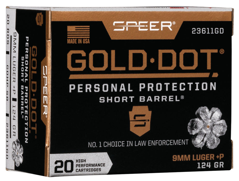 Speer 23611GD Gold Dot Personal Protection Short Barrel 9mm Luger +P 124 gr 1150 fps Hollow Point (HP) 20 Bx/10 Cs
