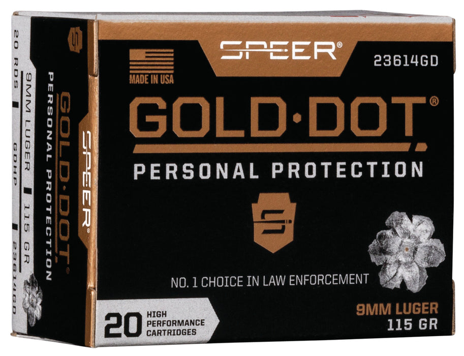 Speer 23614GD Gold Dot Personal Protection 9mm Luger 115 gr 1210 fps Hollow Point (HP) 20 Bx/10 Cs