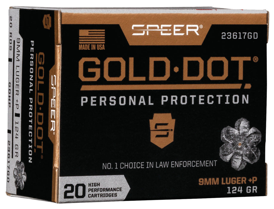 Speer 23617GD Gold Dot Personal Protection 9mm Luger +P 124 gr 1220 fps Hollow Point (HP) 20 Bx/10 Cs
