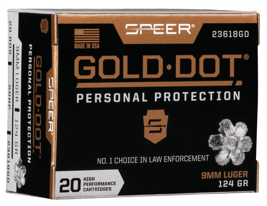Speer 23618GD Gold Dot Personal Protection 9mm Luger 124 gr 1150 fps Hollow Point (HP) 20 Bx/10 Cs