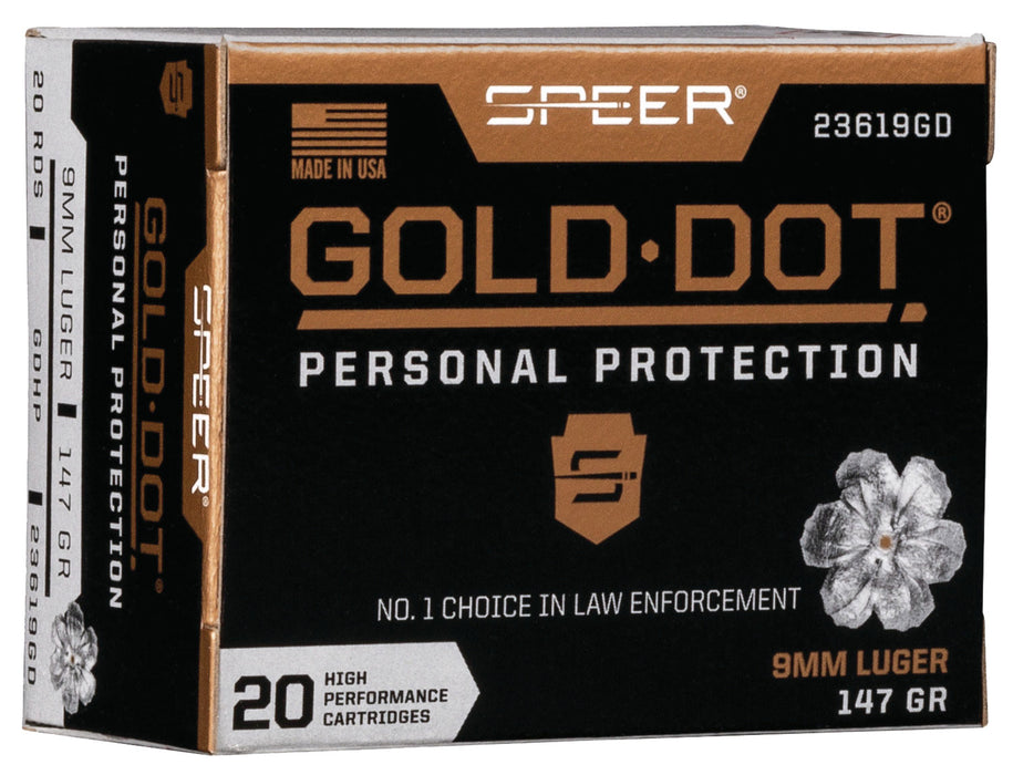 Speer 23619GD Gold Dot Personal Protection 9mm Luger 147 gr 985 fps Hollow Point (HP) 20 Bx/10 Cs