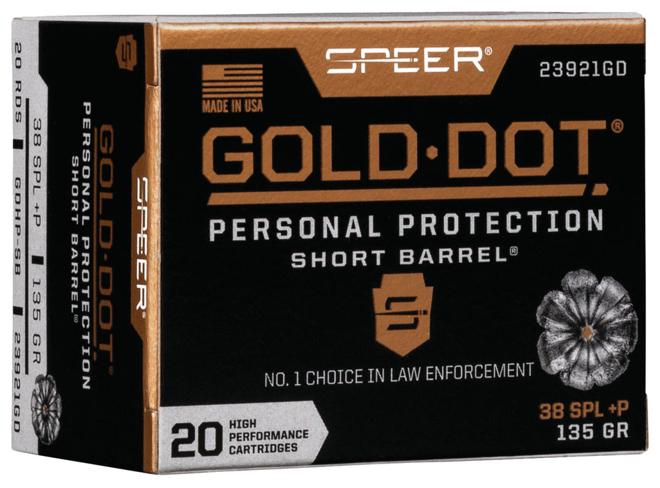 Speer 23921GD Gold Dot Personal Protection Short Barrel 38 Special +P 135 gr 860 fps Hollow Point (HP) 20 Bx/10 Cs