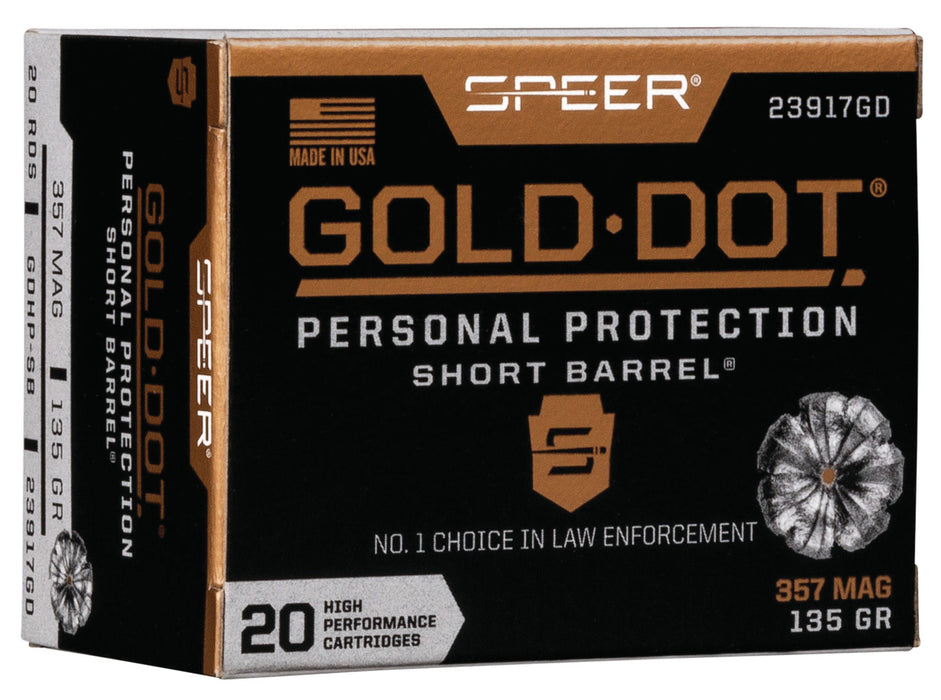 Speer 23917GD Gold Dot Personal Protection Short Barrel 357 Mag 135 gr 990 fps Hollow Point (HP) 20 Bx/10 Cs