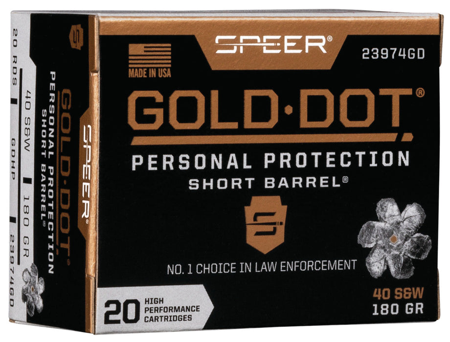 Speer 23974GD Gold Dot Personal Protection Short Barrel 40 S&W 180 gr 950 fps Hollow Point (HP) 20 Bx/10 Cs