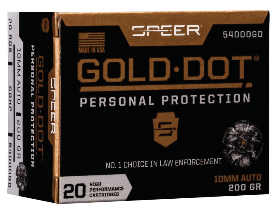 Speer 54000GD Gold Dot Personal Protection 10mm Auto 200 gr 1100 fps Hollow Point (HP) 20 Bx/10 Cs