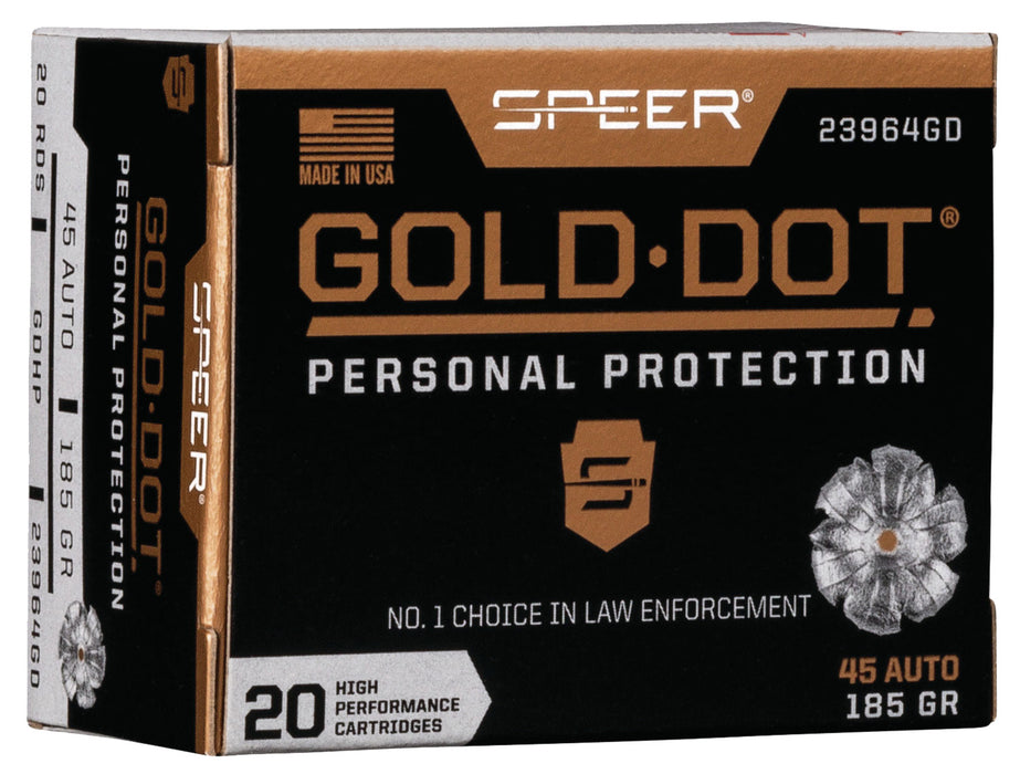 Speer 23964GD Gold Dot Personal Protection 45 ACP 185 gr 1050 fps Hollow Point (HP) 20 Bx/10 Cs