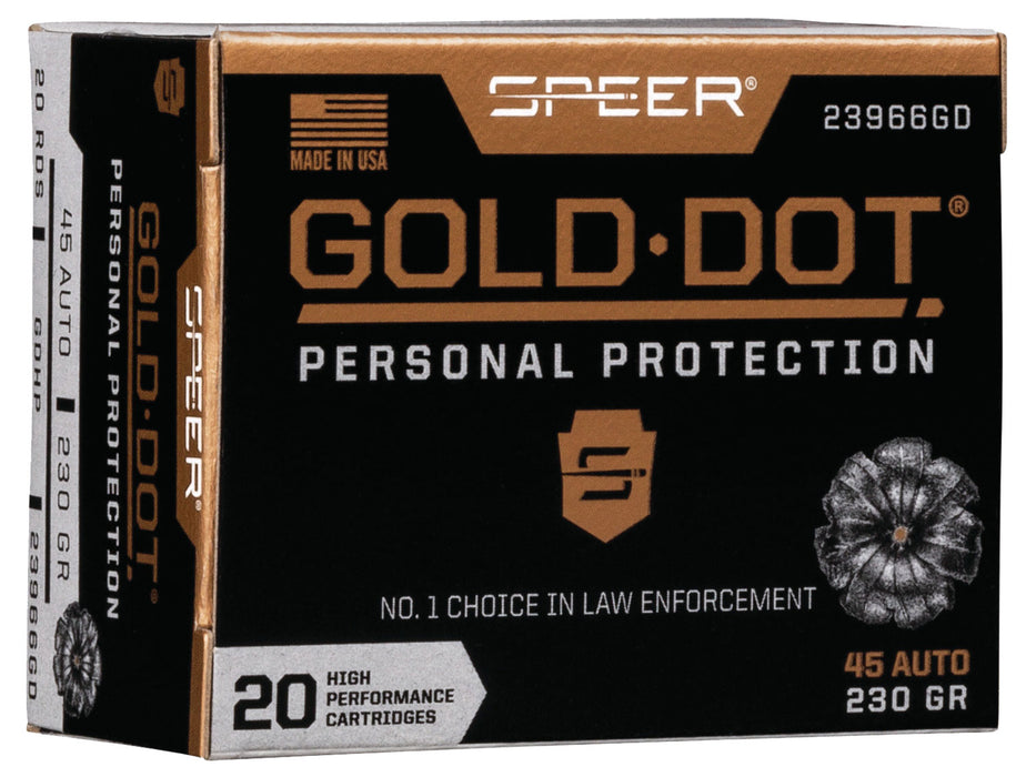 Speer 23966GD Gold Dot Personal Protection 45 ACP 230 gr 890 fps Hollow Point (HP) 20 Bx/10 Cs
