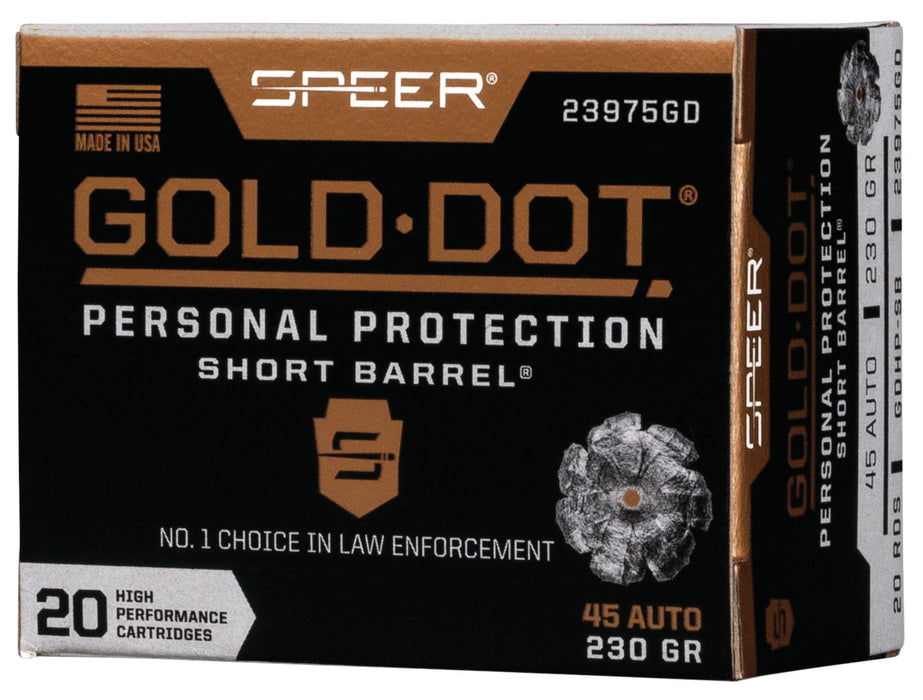 Speer 23975GD Gold Dot Personal Protection Short Barrel 45 ACP 230 gr 820 fps Hollow Point (HP) 20 Bx/10 Cs