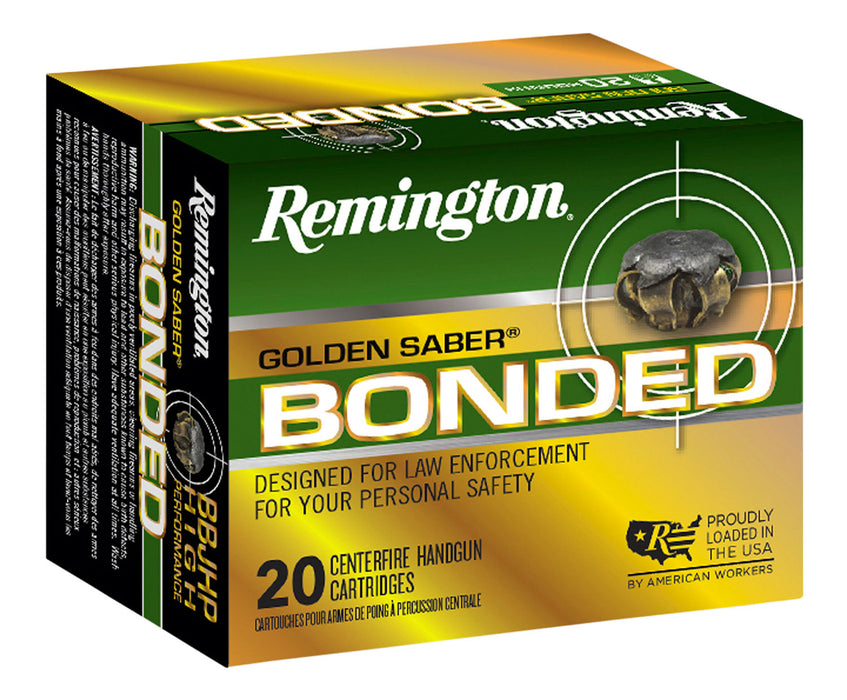 Remington Ammunition 29341 Golden Saber Bonded  9mmLuger+P 124gr Bonded Brass Jacketed Hollow Point 20 Per Box/25 Case
