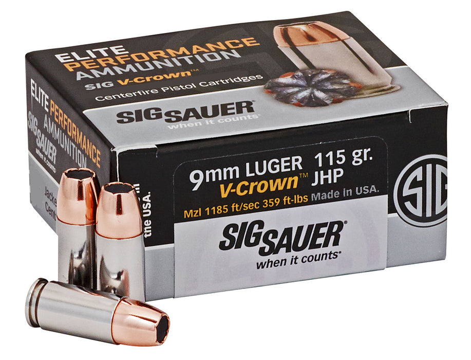 Sig Sauer E9MMA150 Elite Defense  9mm Luger 115 gr 1185 fps V-Crown Jacketed Hollow Point (VJHP) 50 Bx/10 Cs