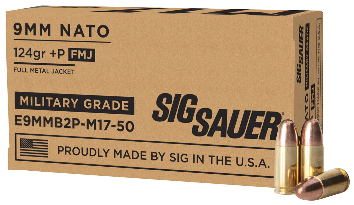 Sig Sauer E9MMB2PM1750 Military Grade M17 9mm Luger +P 124 gr 1198 fps Full Metal Jacket (FMJ) 50 Bx/20 Cs