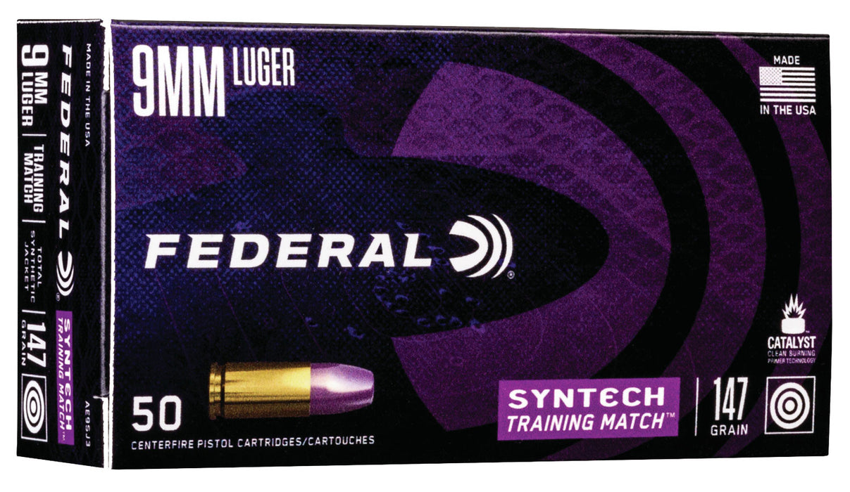 Federal AE9SJ3 Syntech Training Match  9mm Luger 147 gr 1000 fps Total Syntech Jacket Flat Nose (TSF) 50 Bx/10 Cs