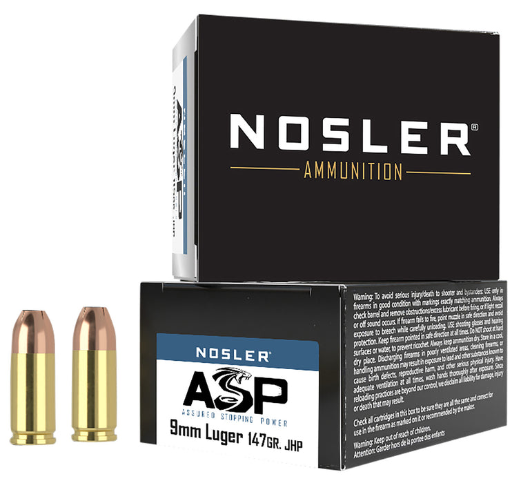 Nosler 51290 Assured Stopping Power  9mm Luger 147 gr 950 fps Jacketed Hollow Point (JHP) 20 Bx/20 Cs